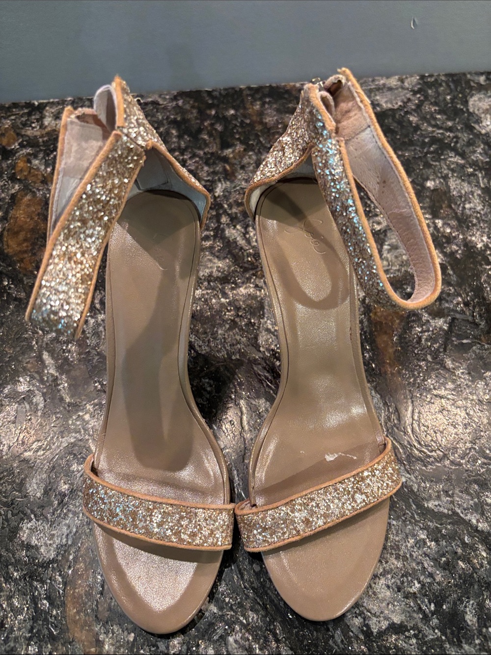 Joie Glitter Ankle-Strap Stilettos - Nude/Gold - Picture 2 of 7